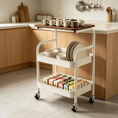 3 Tier Rolling Cart with Walnut Table Top, Sturdy Metal Storage Cart with - Image 3