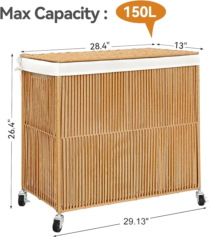 WOWLIVE Laundry Hamper with Wheels, 160L Handwoven Rolling Laundry Basket 3 - Image 4