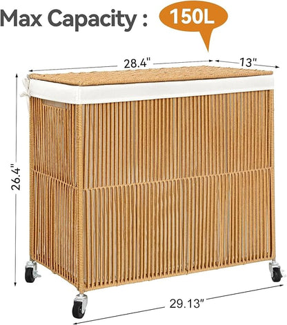 WOWLIVE Laundry Hamper with Wheels, 160L Handwoven Rolling Laundry Basket 3 - Image 4