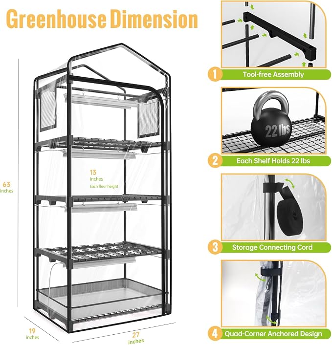 Mini Indoor Greenhouse with Grow Light, 4-Tier Plant Stand with Zippered Cover - Image 7