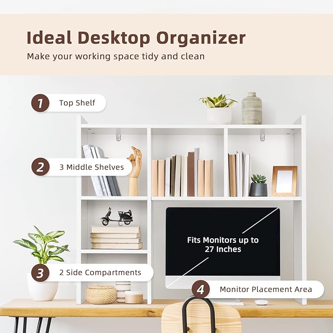 OOOK 35.5" L Dorm Desk Hutch White, Desktop Bookshelf - Image 4