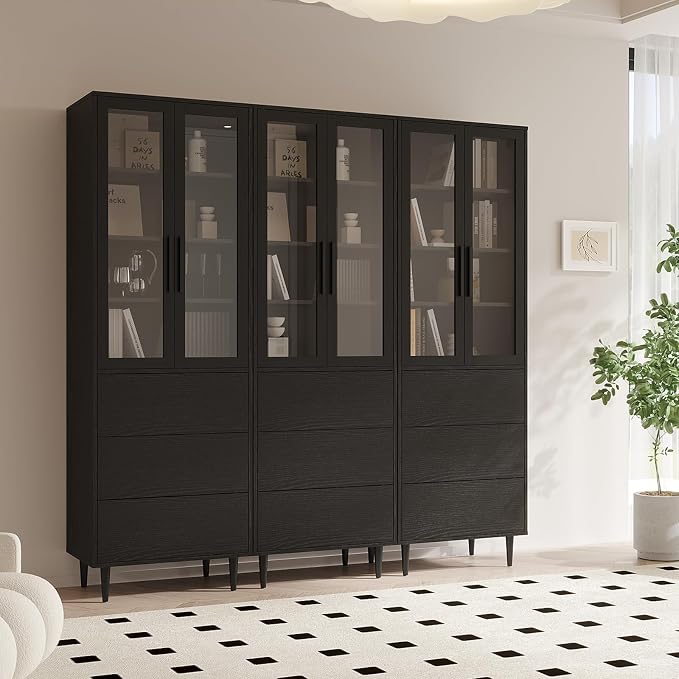 TUSY 70.9“ H Book Shelf with Drawers, 7-Tier Bookcase with Glass Doors - Image 8