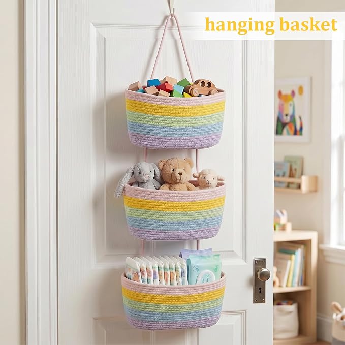 TeoKJ Over the Door Hanging Basket, 3-Tier Woven Cotton Wall-Mounted Storage - Image 4