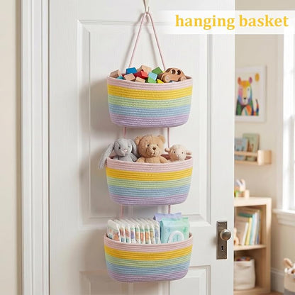 TeoKJ Over the Door Hanging Basket, 3-Tier Woven Cotton Wall-Mounted Storage - Image 4