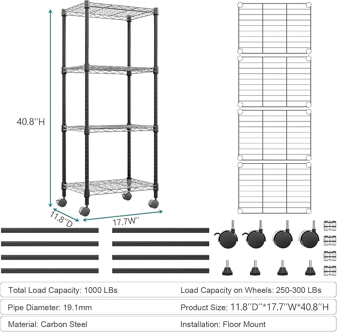 4-Shelf Adjustable Heavy Duty Steel Wire Rack, Adjustable Storage Shelving Unit - Image 3