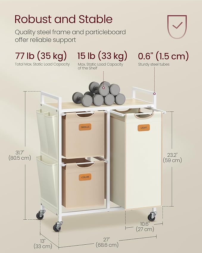 VASAGLE Laundry Hamper with 3 Compartments, 26.4 Gal. Laundry Sorter, Rolling - Image 6