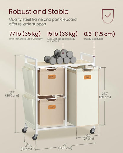 VASAGLE Laundry Hamper with 3 Compartments, 26.4 Gal. Laundry Sorter, Rolling - Image 6