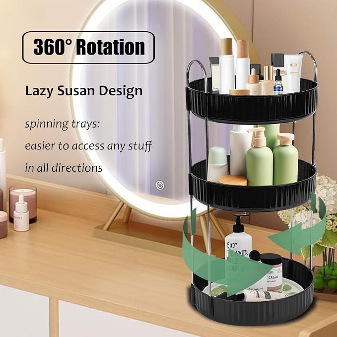 Rotating Makeup Organizer Countertop 3 Tier Lazy Susan Trays Spinning Skincare - Image 2