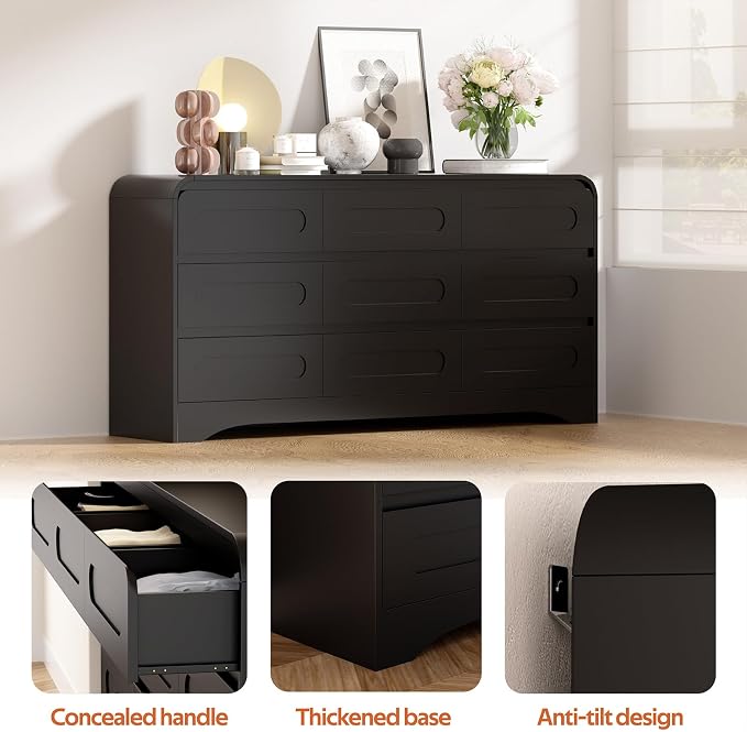 Dresser for Bedroom with 9 Drawers, Wood Closet Clothes Storage Long Dressers - Image 6