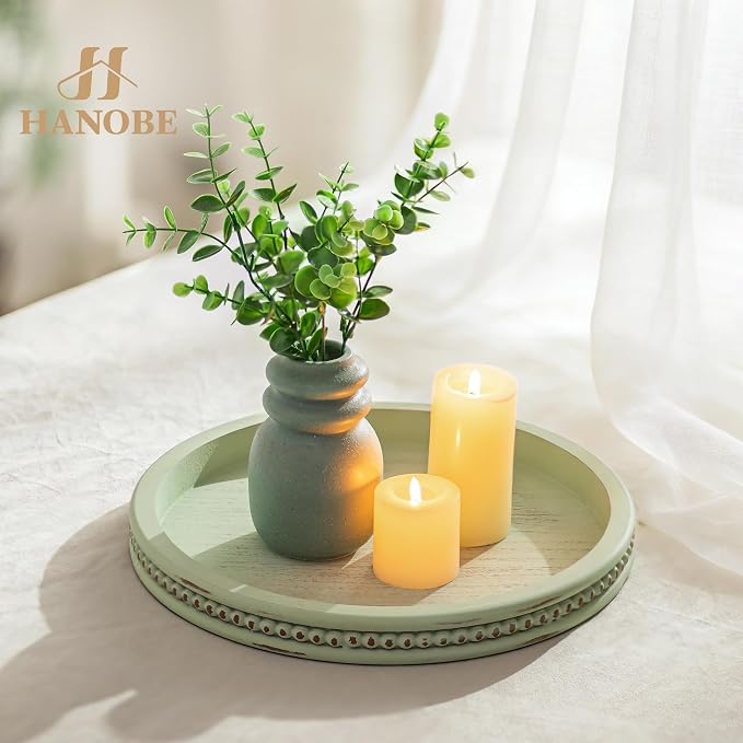 Hanobe Sage Green Decor Tray, Beaded Edge & Distressed Finish | 10.4" round - Image 5