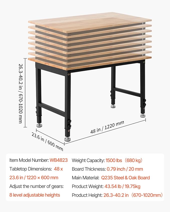 VEVOR Adjustable Workbench, 1500 lbs Capacity, 48 x 24 Inch Oak Wood Top - Image 7