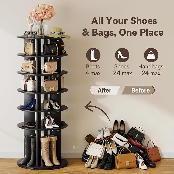 YESHOMY 6-Tier Rotating Shoe Rack Tower, 360° Spinning Vertical Shoe & Handbag - Image 2