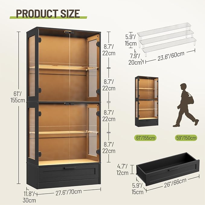 Display Cabinet with Glass Doors, 3 Color Lights, Auto-On Sensor, 4 Tempered - Image 2