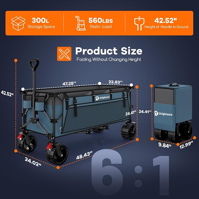 48" L Folding Beach Wagon Cart Foldable, 560lbs Weight Capacity 300L Heavy Duty - Image 2
