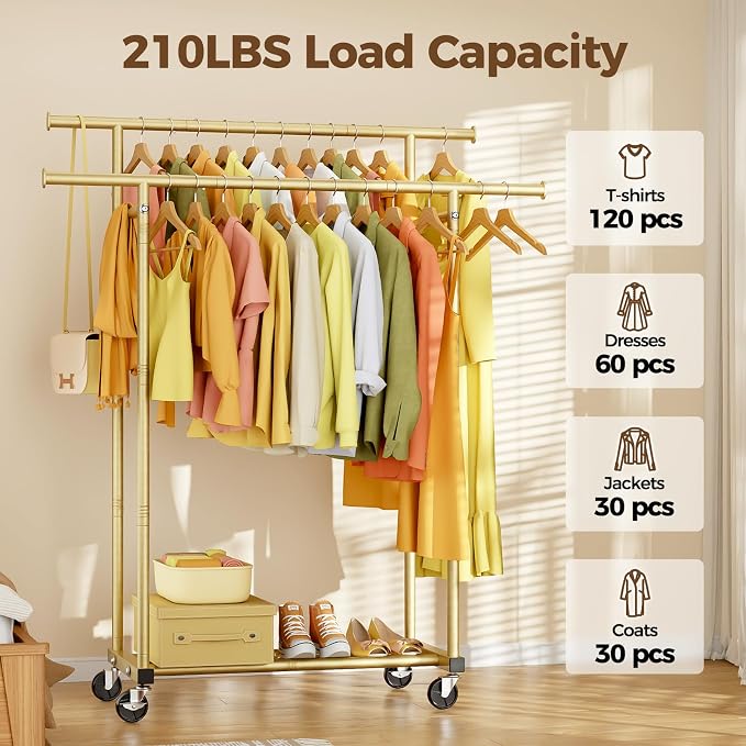 HYSEYY Double Rods Clothes Rack, Sturdy Rolling Clothing Rack, Portable - Image 2