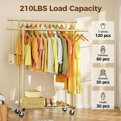 HYSEYY Double Rods Clothes Rack, Sturdy Rolling Clothing Rack, Portable - Image 2