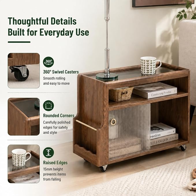 Black Walnut Side Table with Storage, Narrow End Table with Magazine Rack | - Image 4