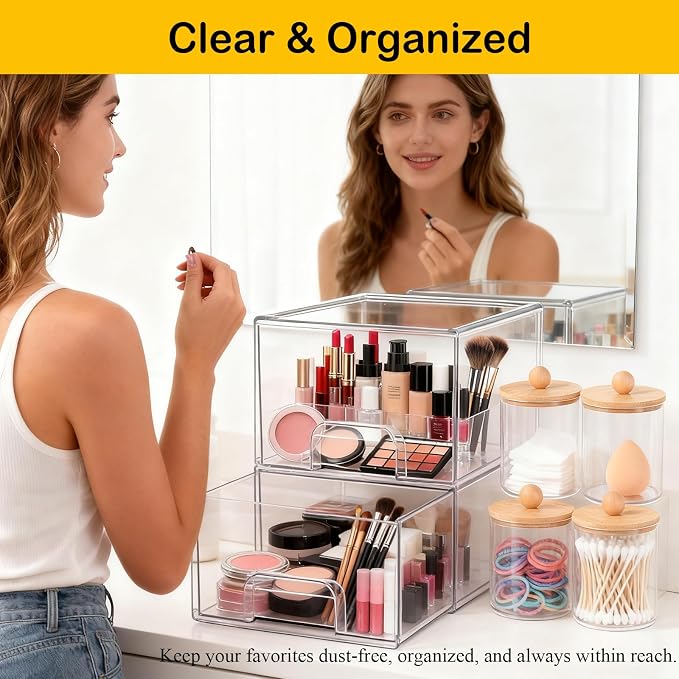 6 Pack Clear Stackable Storage Drawers & Qtip Holder Dispenser - Image 3