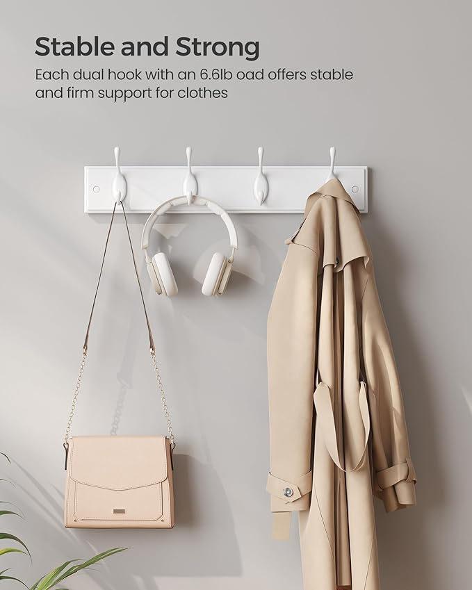 SONGMICS Wall-Mounted Coat Rack, Hook Rack, 4 Dual Metal Hooks, - Image 4