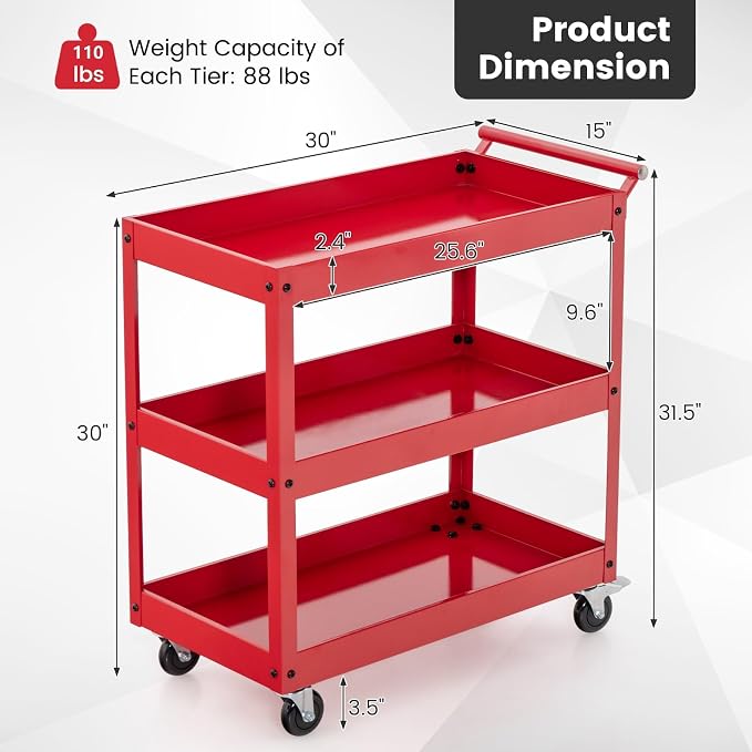 Goplus 3-Tier Utility Cart, Heavy Duty Commercial Service Tool Cart w/Lockable - Image 6