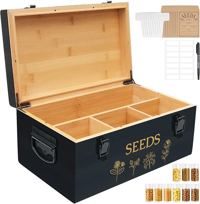 Large Bamboo Wood Seed Storage Organizer Box by INTARSIO3D