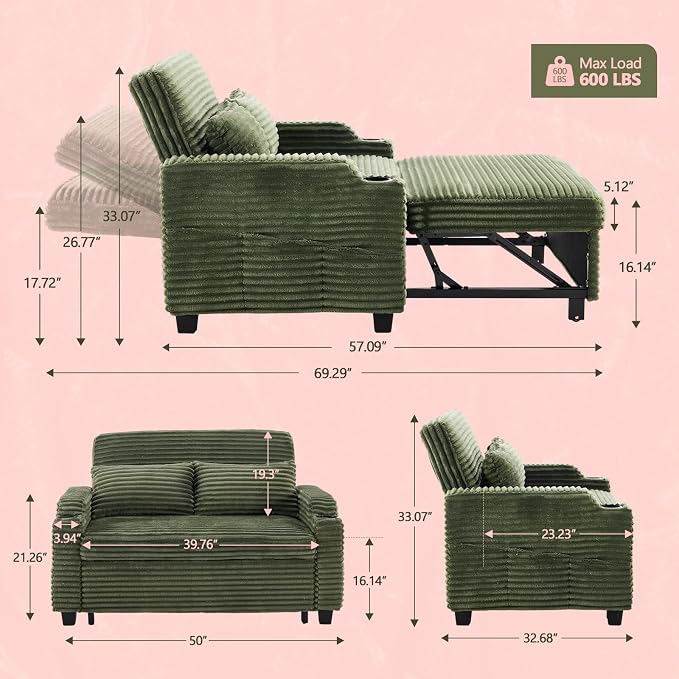 VINGLI Green Futon Sofa Bed Convertible Loveseat Sleeper Sofa Couch, Corduroy - Image 2