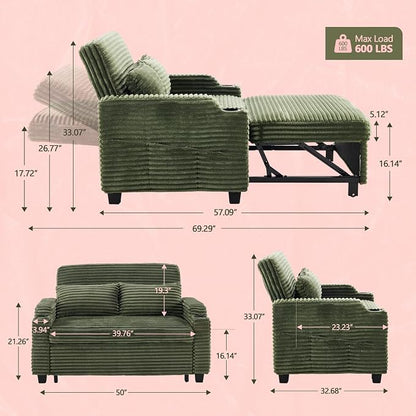 VINGLI Green Futon Sofa Bed Convertible Loveseat Sleeper Sofa Couch, Corduroy - Image 2