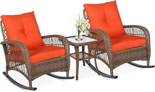 VIVIJASON 3-Piece Outdoor Conversation Bistro Set, Patio Wicker Rocking Chairs by VIVIJASON