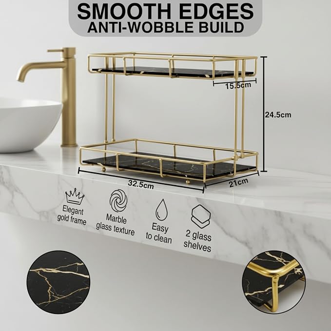 2-Tier Black Marble Bathroom Countertop Organizer – Glass Shelves & Gold Metal - Image 2