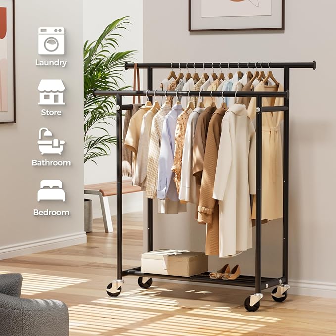 Clothes Rack, Double Rods Rolling Clothing Rack - Image 7