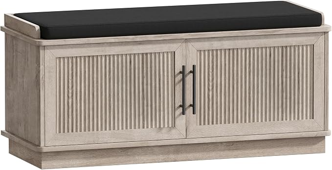 Akxomel 39.4" Fluted Shoe Storage Bench 2 Doors Wooden Entryway Bench Greige by Akxomel