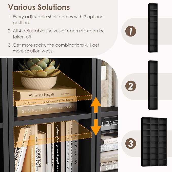 FOTOSOK Bookshelf Bookcase 8-Tier Narrow Bookshelf Tall CD Media Tower Rack | - Image 7