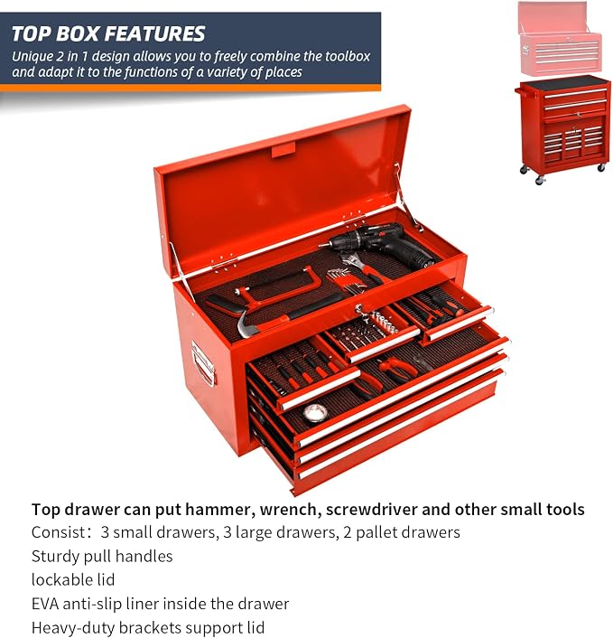 8-Drawer High Capacity Rolling Tool Chest, Removable Cabinet Storage Tool Box - Image 4