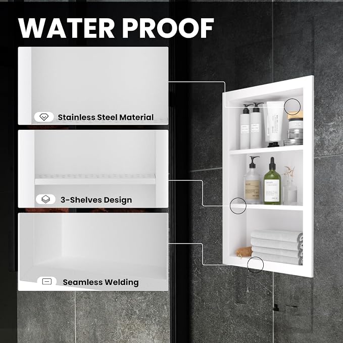 14" x 24" Stainless Steel Shower Niche, 3-Tier Waterproof Shelves, No-Tile - Image 4
