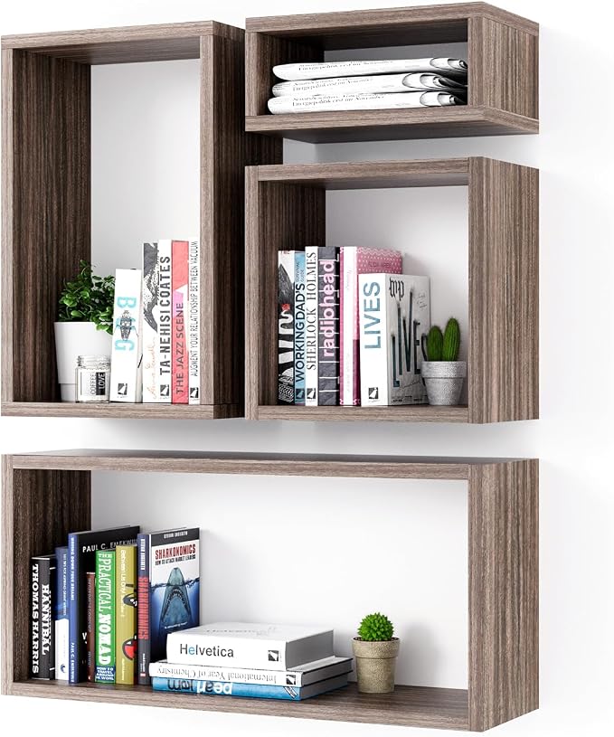 Wall Mount Shelf Set of 4, Floating Cube Shelves by Kaboon