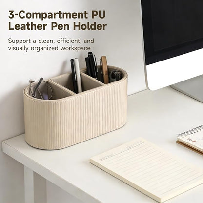 OMISTAR 3-Compartment PU Leather Pen Holder, Desk Organizer Stylish Bedside - Image 3