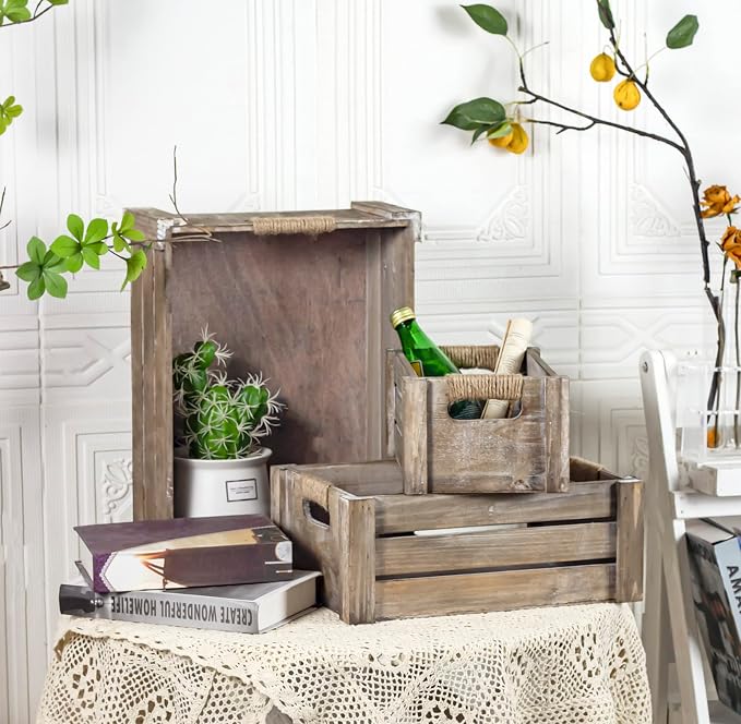 TIMRIS Set of 3 Rustic Wood Nesting Crates, Farmhouse Wooden Storage Container - Image 4
