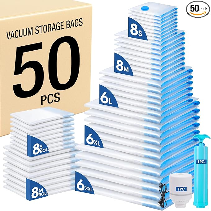 AROIC 50 Pack Vacuum Storage Bags, 5 Sizes + 2 Roll-up Space Saver Vacuum by AROIC