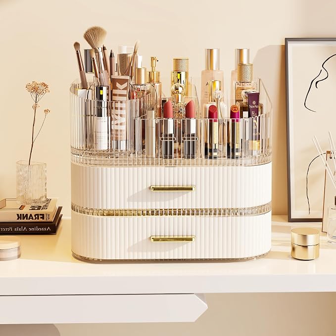 Makeup Organizer with 360 Rotating Brush Holder and Stackable Drawers, Cosmetic - Image 2