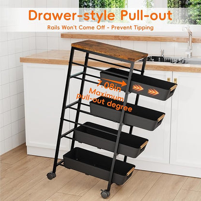 5-Tier Slim Storage Cart, Wooden Top Rolling Kitchen Cart - Image 3
