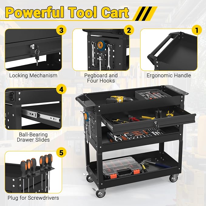3 Tier Rolling Tool Cart on Wheels, 550 LBS Tool Cart - Image 6