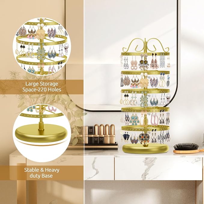 MODOWEY Rotating Earring Holder Organizer Display, 5 Tiers Metal Tree, - Image 5