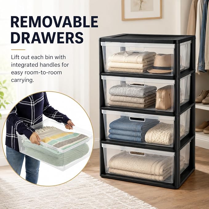 Wide 4 Drawer Plastic Storage Tower Organizer, | Tool-Free Assembly Floor - Image 4