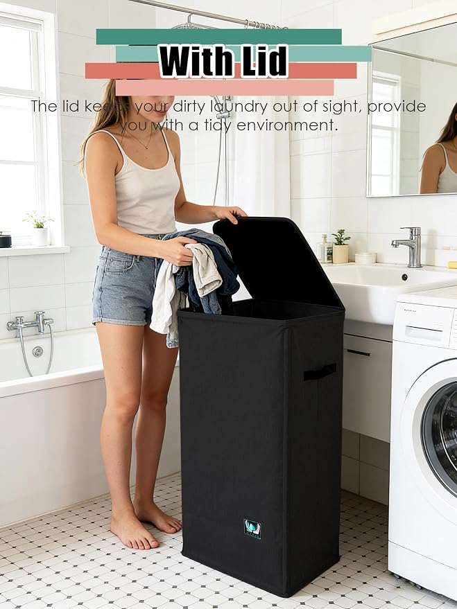 WTREE Laundry Hamper with Lid, Reinforced Sturdy Clothes Hamper with - Image 2