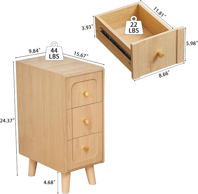 Narrow Nightstands with 3 Drawers, Wooden Farmhouse Bedside Tables, Slim End - Image 2