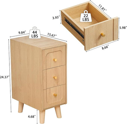 Narrow Nightstands with 3 Drawers, Wooden Farmhouse Bedside Tables, Slim End - Image 2
