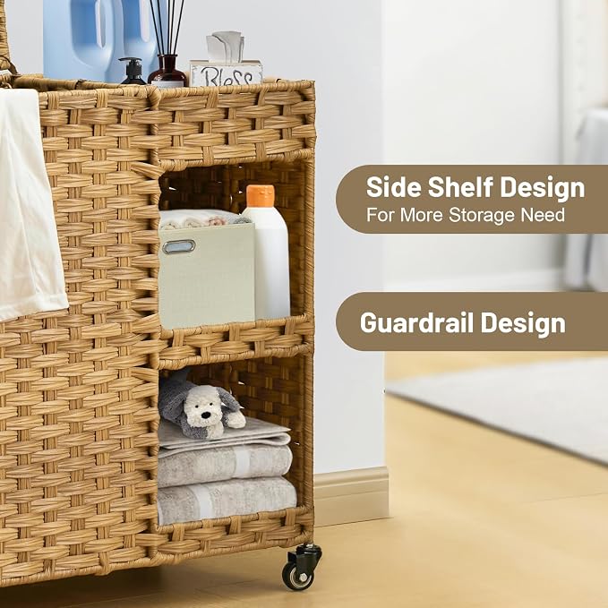 Laundry Hamper with Wheels, 42.3 Gal. Laundry Sorter with Shelves, Rattan - Image 4