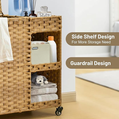 Laundry Hamper with Wheels, 42.3 Gal. Laundry Sorter with Shelves, Rattan - Image 4