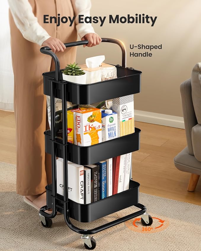 Pipishell 3 Tier Rolling Cart, Metal Utility Cart - Image 3
