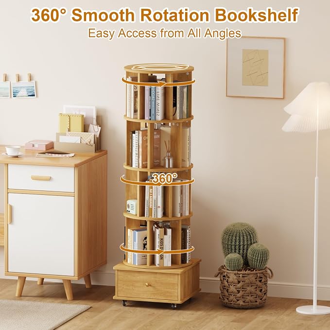 Rotating Bookshelf with Drawers on Lockable Wheels Wood Oak | 5 Tier Spinning - Image 3